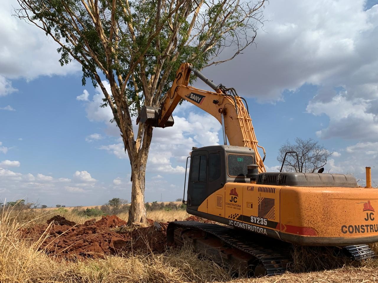 Escavadeira hidráulica em serviço de limpeza de terreno